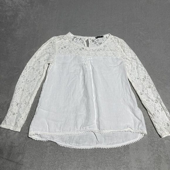 Lungo Larno Shirt Womens Small‎ White Linen Lace Long Sleeve Top Italy - Picture 1 of 7